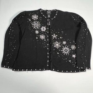 VTG 90's Snowflake Sweater P/XL Black‎ Button Up Cardigan Designers Originals